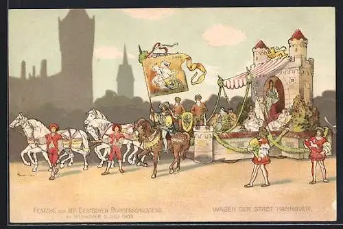 Lithographie Hannover, Festzug d. XIV. Deutschen Bundesschiessens 1903, Wagen der Stadt Hannover