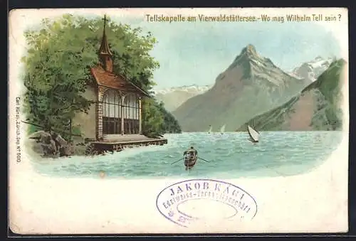 Lithographie Sisikon, Tellskapelle, Suchbild Wo mag Wilhelm Tell sein?