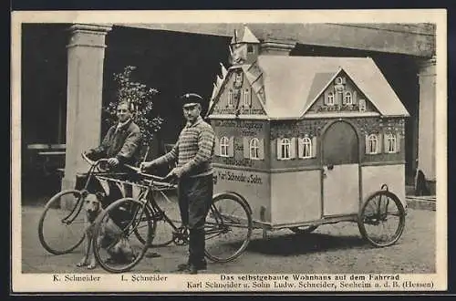 AK Das selbstgebaute Wohnhaus auf dem Fahrrad, Karl Schneider, Sohn Ludwig und Hund aus Seeheim i/Hessen