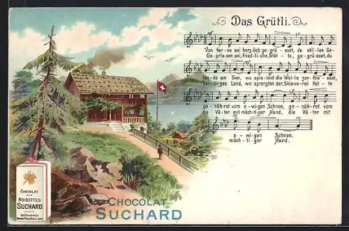 Lithographie Chocolat Suchard, Haus in den Alpen und Lied: Das Grütli