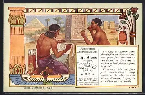 AK Egyptian, Epoch of Pharaoh, about 2000 B. C., The Art of writing through the centuries, Ägypter mit Schriftrolle