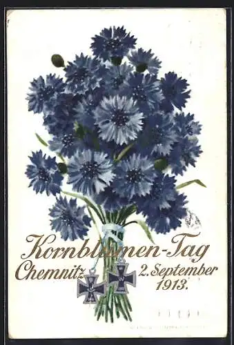 Künstler-AK Chemnitz, Kornblumentag 2. September 1913, Blumenstrauss