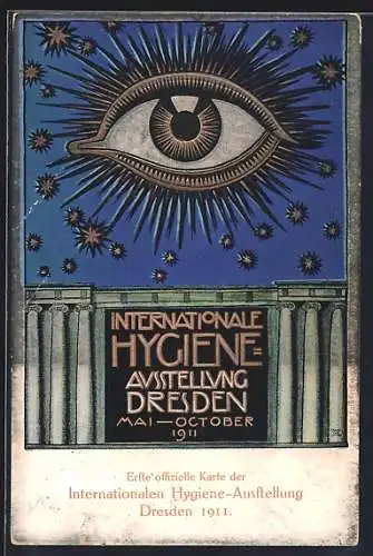 Künstler-AK Dresden, Internationale Hygiene-Ausstellung 1911, Erste offizielle Karte, Stilisiertes Auge