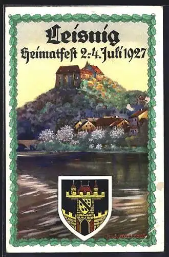 Künstler-AK Leisnig, Festpostkarte zum Heimatfest 1927, Flusspartie mit Schloss