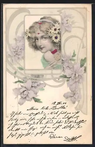 AK Junge Dame mit Blumen im Haar, Blumen-Ornamente, Jugendstil