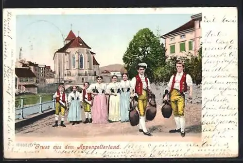 AK Gruss aus dem Appenzellerland, Schweizer in Tracht vor einer Kirche