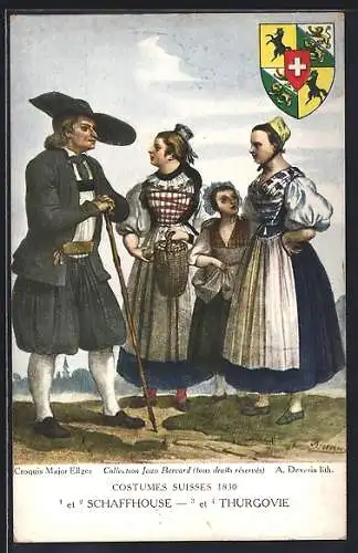 AK Gruppe in Schaffhausener und Thurgauer Trachten, Wappen, Schweizer Trachten 1830