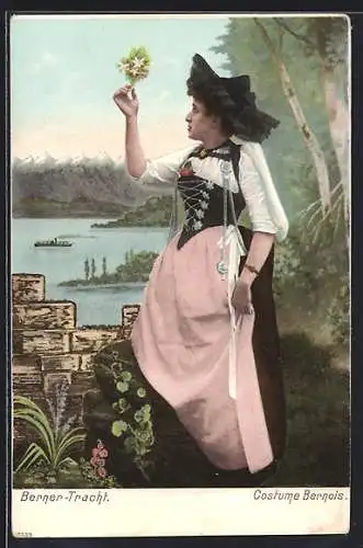 AK Bern, Berner-Tracht, Frau mit Alpenblume, Im Hintergrund Dampfer