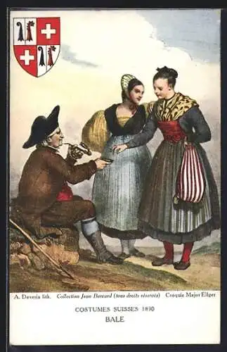 AK Raucher und zwei Damen, Bale, Wappen, Schweizer Trachten 1830