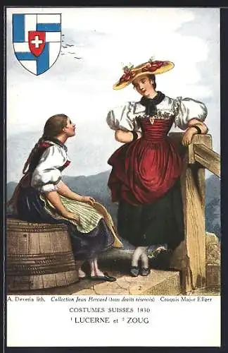 AK Zwei Frauen in Zuger und Luzerner Trachten, Wappen, Schweizer Trachten 1830