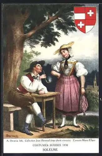 AK Paar in Solothurner Tracht, Wappen, Schweizer Trachten 1830