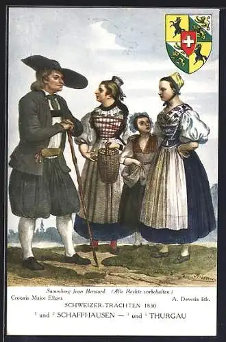 AK Gruppe in Schaffhausener und Thurgauer Trachten, Wappen, Schweizer Trachten 1830