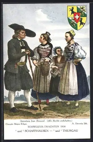 AK Gruppe in Schaffhausener und Thurgauer Trachten, Wappen, Schweizer Trachten 1830