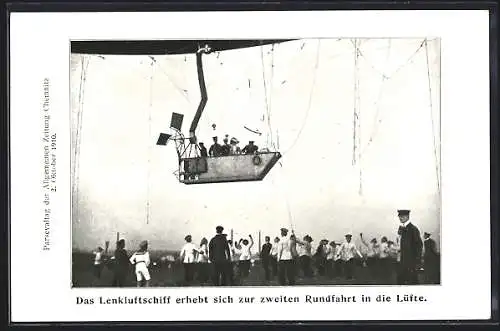 AK Chemnitz, Parsevaltag der Allgemeinen Zeitung 2.10.1910, das Lenkluftschiff erhebt sich zur zweiten Rundfahrt