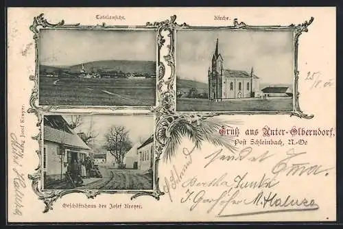 AK Unter-Olberndorf /N. Oe., Totalansicht, Kirche und Geschäftshaus des Josef Kroyer