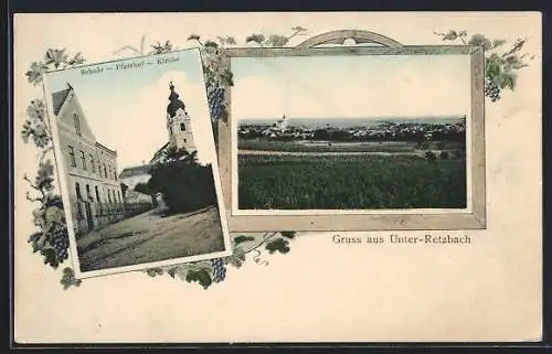 AK Unter-Retzbach, Gesamtansicht, Schule, Pfarrhof und Kirche