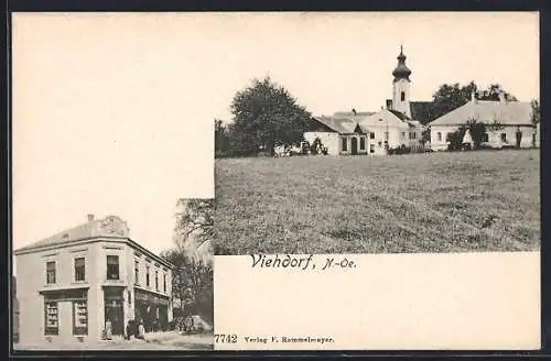 AK Viehdorf /N.-Oe., Geschäft und Partie mit Kirchturm