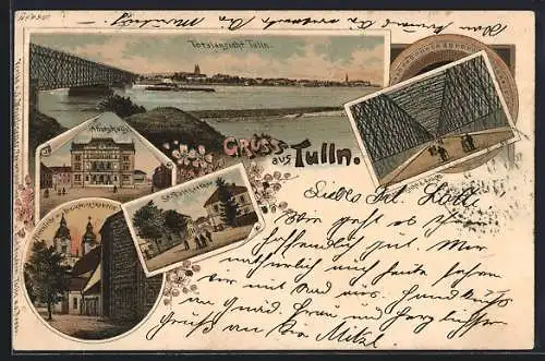 Lithographie Tulln, Totalansicht mit Brücke, St. Pöltnerthor, Innenansicht der Brücke