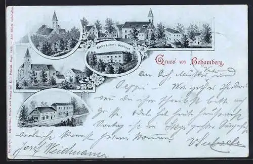 Lithographie Behamberg, Hochwallner`s Gasthaus und Kirchenpartien