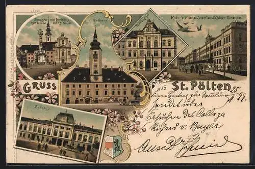 Lithographie St. Pölten, Rathaus, Kaiser Franz Josef und Rainer Kaserne, Bahnhof