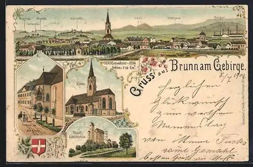 Lithographie Brunn am Gebirge, Vorhaus an der Kirche, Ruine Lichtenstein und Panorama