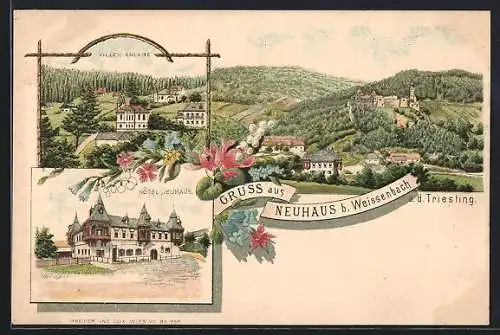 Lithographie Weissenbach an der Triesting, Neuhaus, Hotel Neuhaus, Villen-Anlagen aus der Vogelschau, Ortsansicht