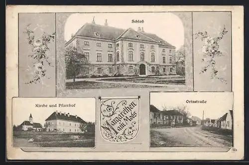 AK Enzersdorf an der Fischa, Margarethen am Moos, Kirche und Pfarrhof, Schloss, Ortsstrasse