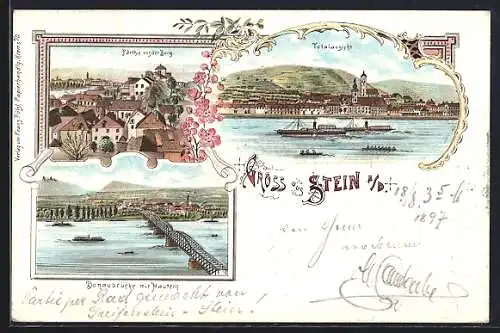 Lithographie Stein a. D., Donaubrücke mit Mautern, Blick von der Burg und Total