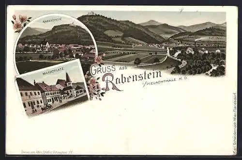 Lithographie Rabenstein im Pielachthale, Gesamtansicht und Marktplatz