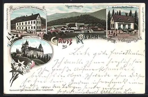 Lithographie Raach am Hochgebirge, Ortsansicht, Schloss Wartenstein, Geschäftshaus Peter Ehrenhöfer