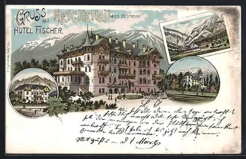 Lithographie Reichenau an der Rax, Hotel Fischer, Schloss Wartholz, Thalhof