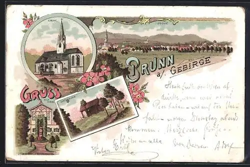 Lithographie Brunn a. Gebirge, Kirche, Villa Budera, Lerchenhöhe