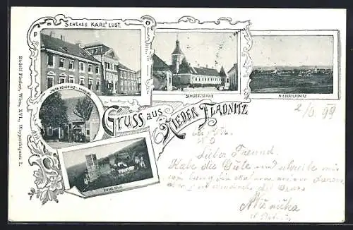 AK Nieder Fladnitz, Schloss Karl`s Lust, Schule und Ruine Kaja