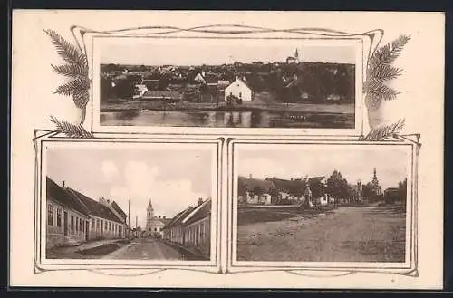 AK Hohenruppersdorf /N.-Ö., Blick vom Wasser, Strassenartie mit Kirche und Platz