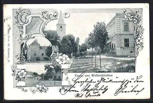 AK Poysdorf /N.-Oe., Walterskirchen, Ortspartie mit Säulendenkmal und Kirche, Strassenpartie