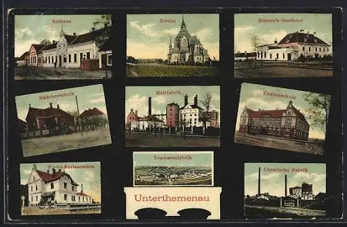 AK Lundenburg, Unterthemenau, Rathaus, Kirche, Gasthaus Bittner, Werks-Restaurant, Malzfabrik, Knaben- und Mädchenschule