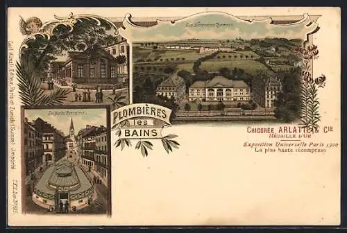 Lithographie Plombières-les-Bains, Casino, les Bains Romains, les Nouveaux Thermes