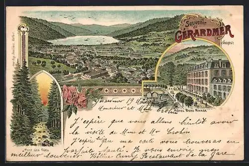 Lithographie Gérardmer /Vosges, Hotel Beau Rivage, Pont des Fées, vue générale