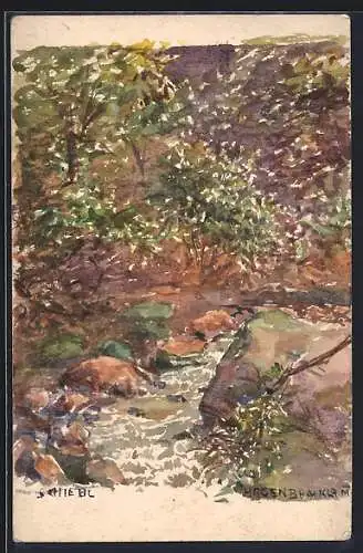 Künstler-AK Handgemalt sign. Andreas Schiebler: St. Andrä-Wördern, Hagenbachklamm, Partie am Fluss