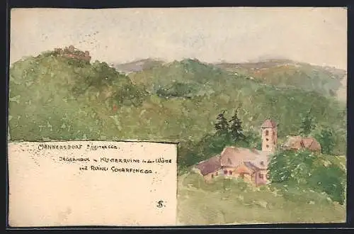 Künstler-AK Handgemalt sign. Andreas Schiebler: Mannersdorf /Leitha, Jägerhaus m. Klosterruine