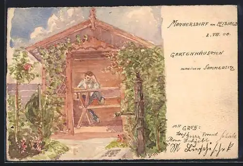 Künstler-AK Handgemalt sign. Andreas Schiebler: Mannersdorf /Leitha, Gartenhäuschen in Schiebl`s Sommersitz