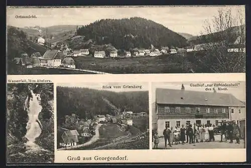 AK Georgendorf, Karl Fleischers Gasthof, Gasthof zur Zufriedenheit, Ortsansicht, Wasserfall