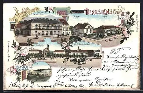 Lithographie Theresienstadt / Terezin, Restaurant Deutsches Haus, Paradeplatz mit Genie-Gebäude, Zeughaus