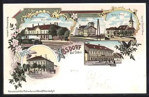 Lithographie Absdorf /N.-Oe., Fr. Blank`s Gasthaus, Kirche und Schule, Bahnhof Absdorf-Hippersdorf