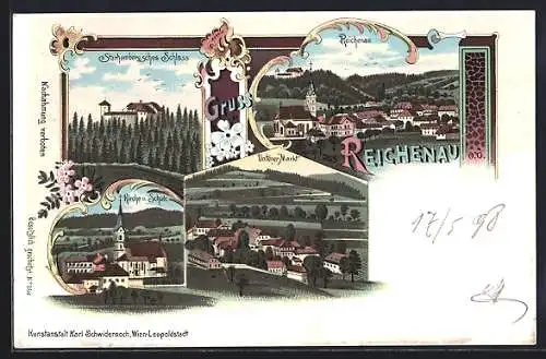 Lithographie Reichenau im Mühlkreis, Blick über den Ort, Unterer Markt, Starhemberg'sches Schloss