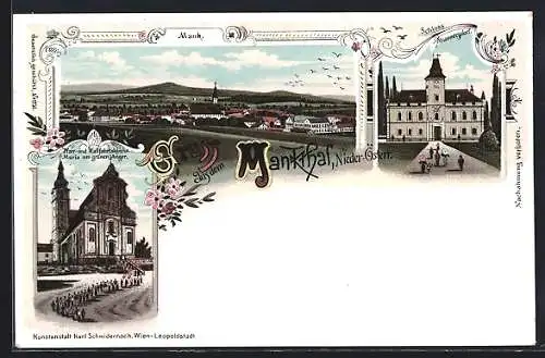 Lithographie Mank im Mankthal, Ortsansicht, Schloss, Pfarr- & Wallfahrtskirche