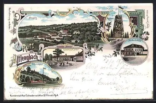 Lithographie Altlengbach, Ortsansicht von oben, Wienerwald-Warte, Gastwirtschaft am Hart