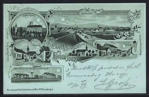 Mondschein-Lithographie Leobersdorf /N. Ö., Hauptstrasse mit Carl Vital`s Handlung, Elektrizitätsfabrik Ganz & Co.