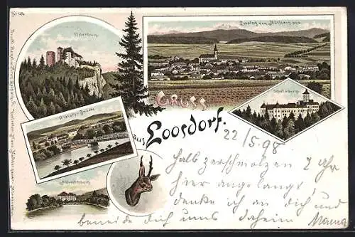 Lithographie Loosdorf, Ortschaft von Mühlberg gesehen, Rielach-Brücke, Schallaburg & Osterburg