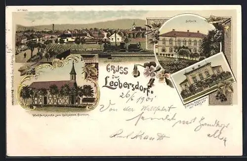 Lithographie Leobersdorf, Ortsansicht, Fabriks-Restauration von Ganz & Co., Wallfahrtskirche zum heilsamen Brunnen